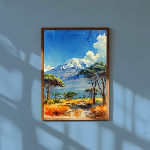 Mount Kilimanjaro Watercolor Snow Peak Acacia Savanna Landscape Poster