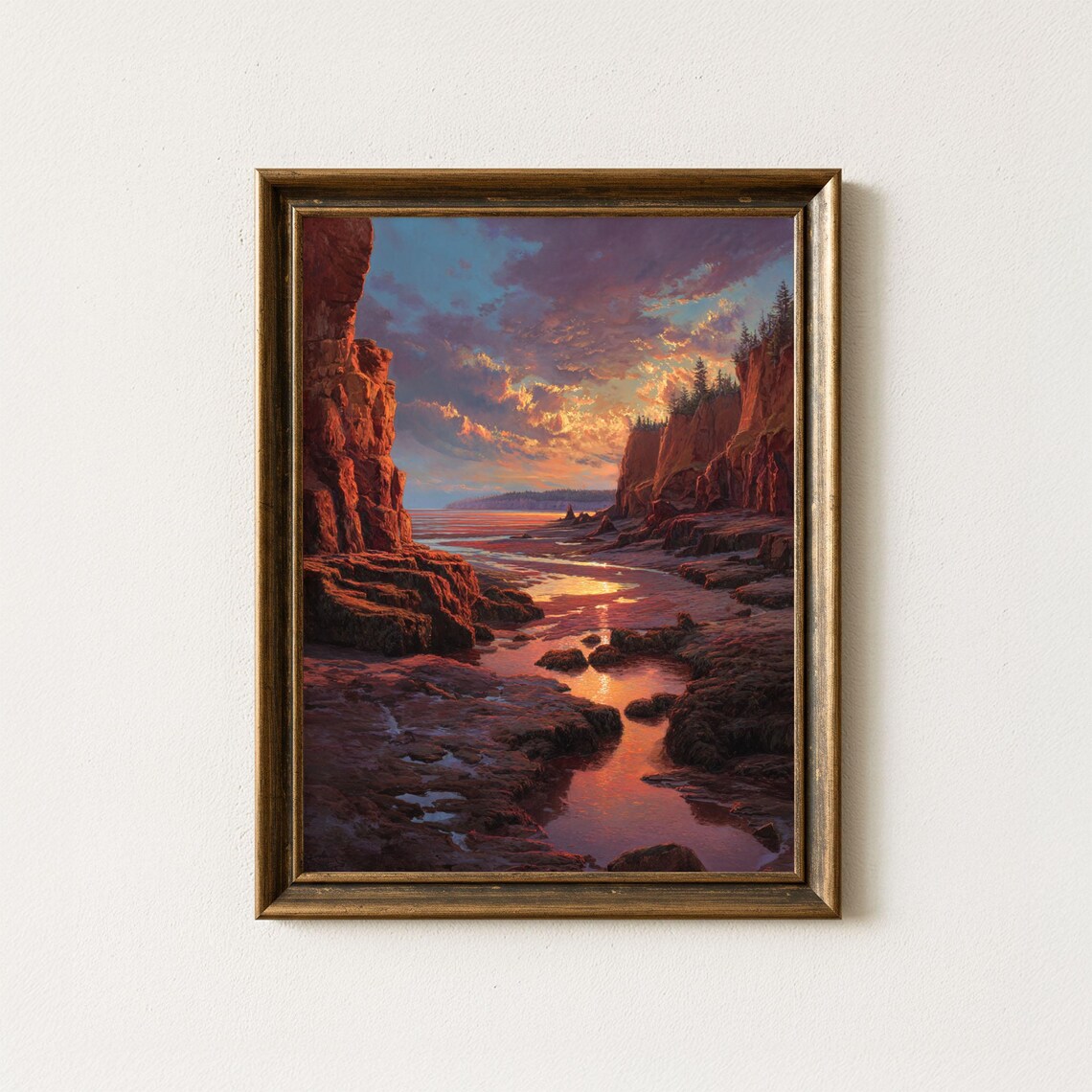 Bay Of Fundy Red Sunset Rocky Cliffs Seascape Oil Painting Poster