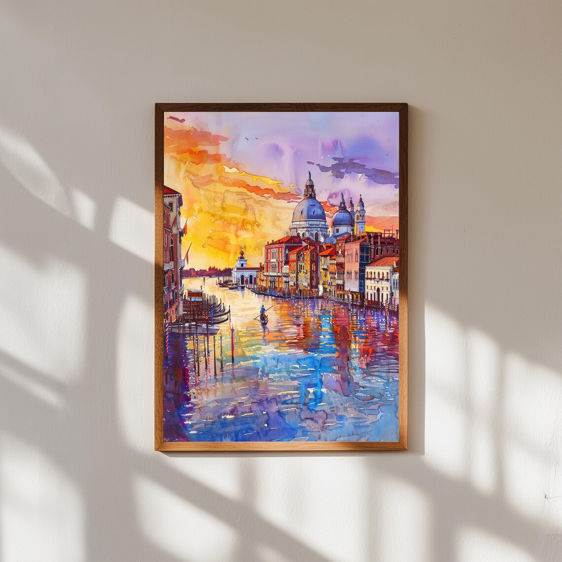 Venice Canal Gondolier Sunset Watercolor Italian Waterfront Art Print