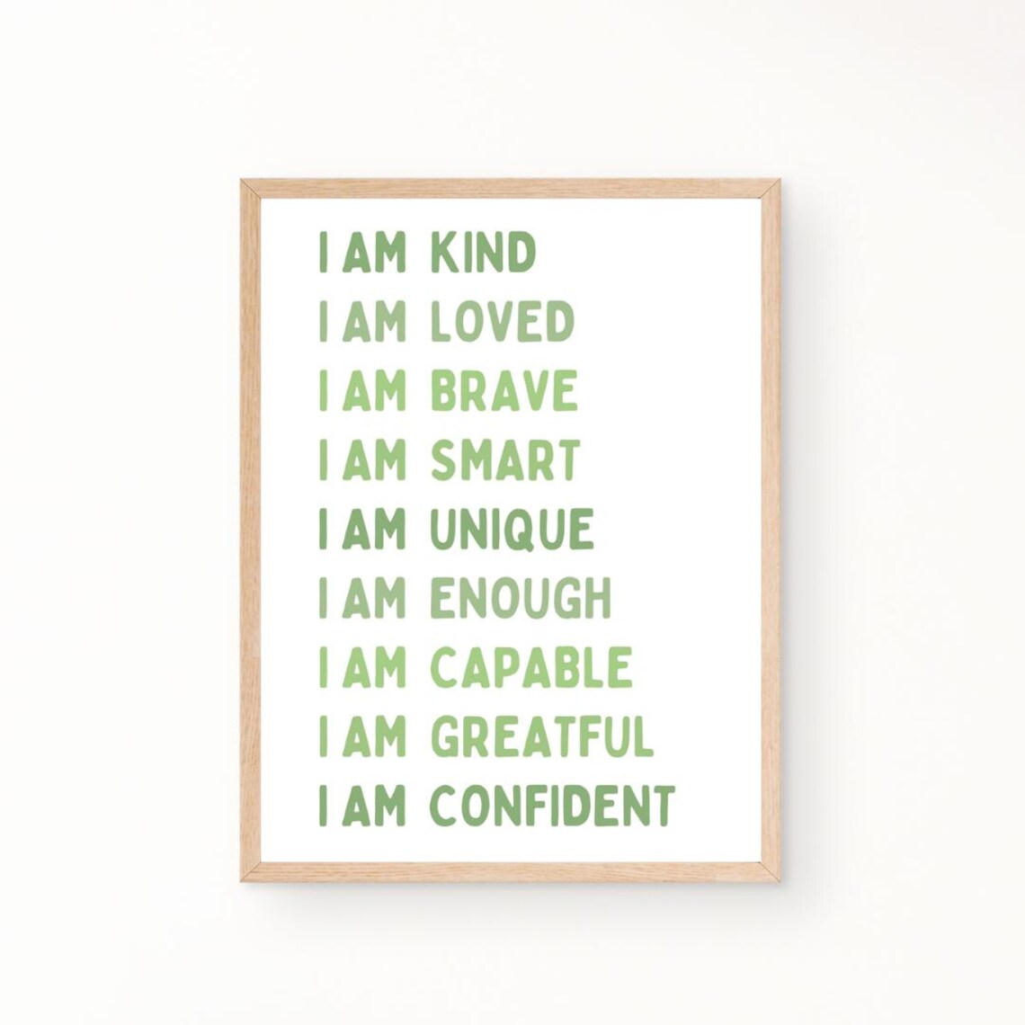Kids I Am Affirmations Poster in Green for Nursery and Playroom Decor