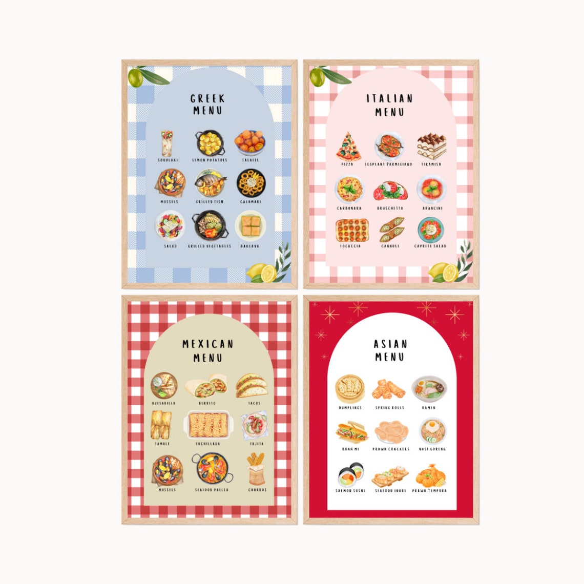 World Menu Four Pack Poster for Kids Play Kitchen Pretend Play