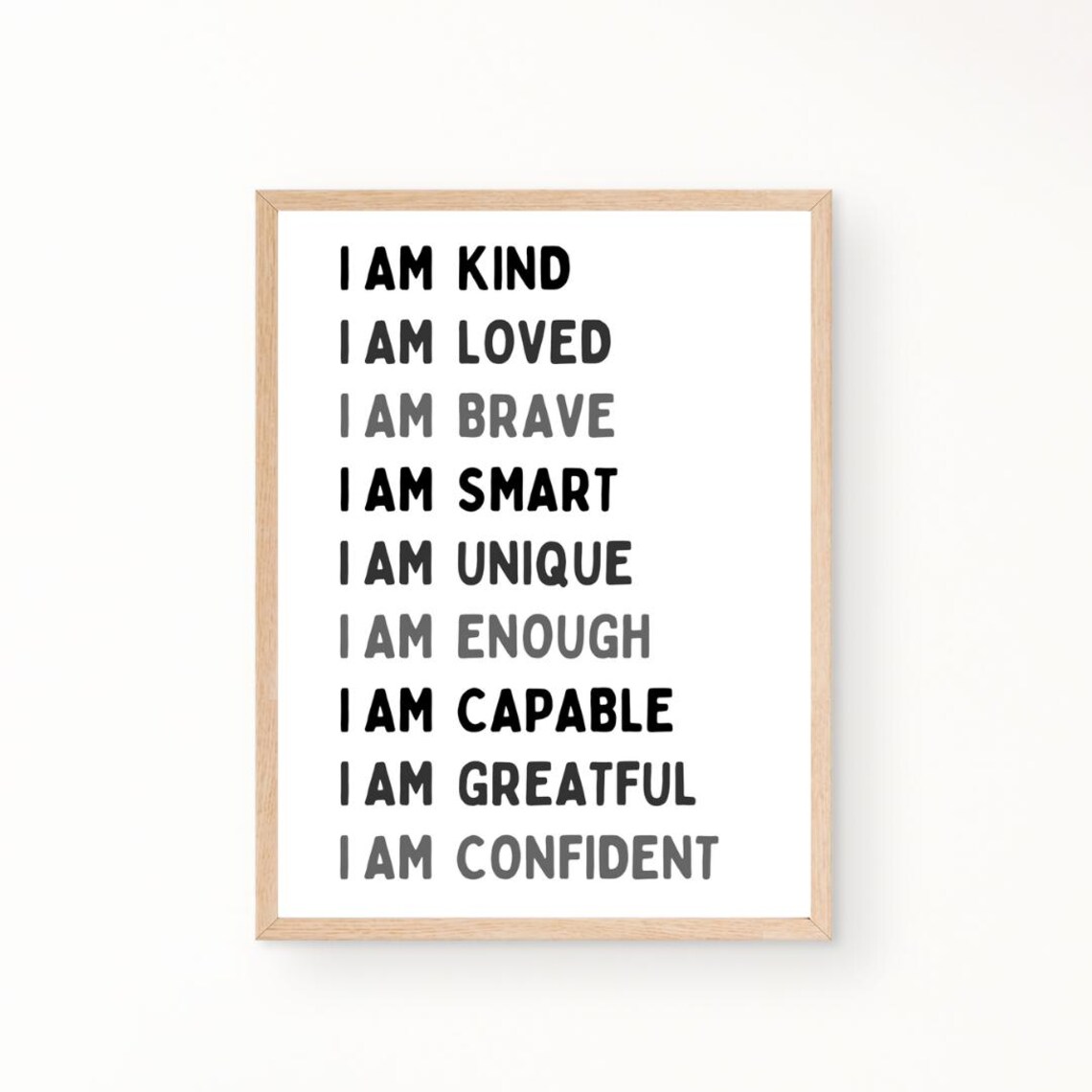 Kids I Am Affirmations Poster Black and White for Playroom Decor