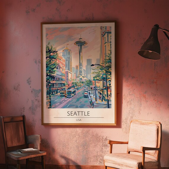 Seattle USA Vintage Travel Poster Space Needle and Downtown Street