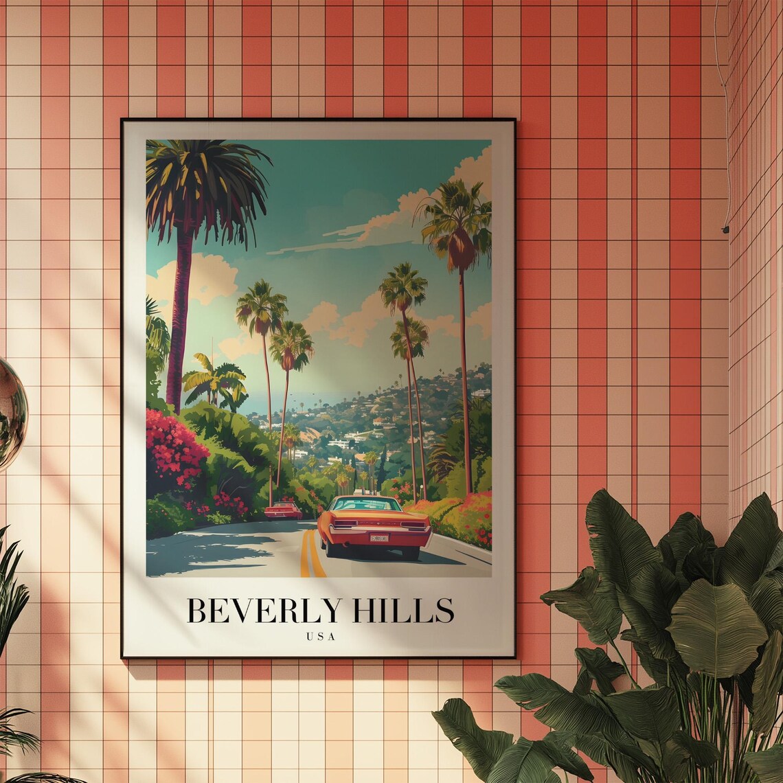 Beverly Hills Palm Street Classic Car Retro California Poster