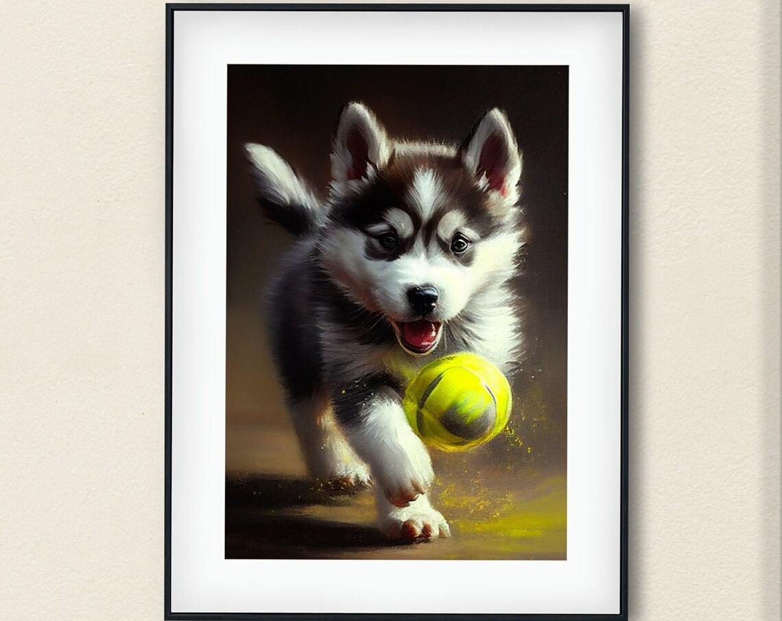 Husky Puppy Playing With Yellow Ball Cute Dog Art Painting Poster