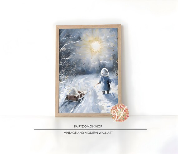 Little Girl Pulling Sled Poster Snowy Winter Woods Childhood Magic Decor