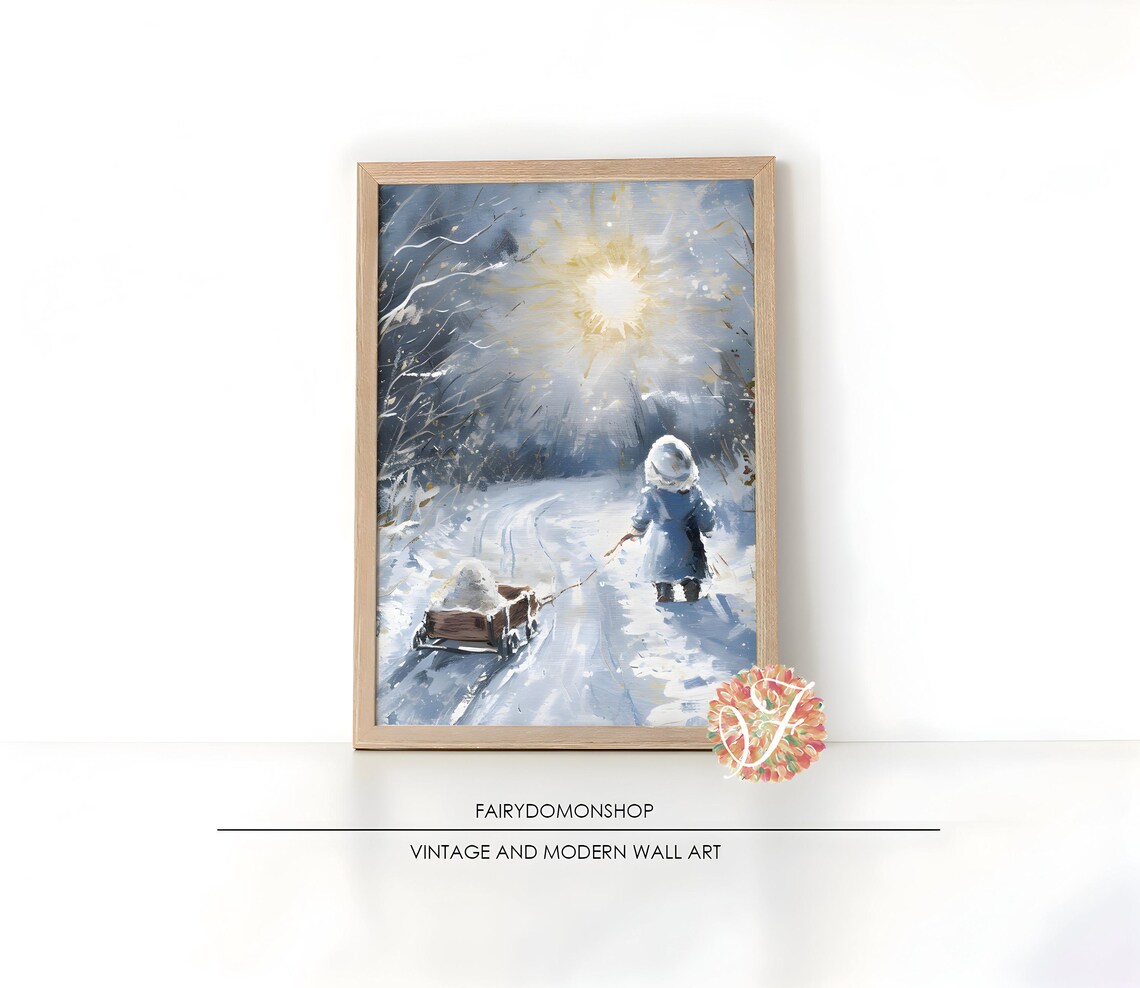 Little Girl Pulling Sled Poster Snowy Winter Woods Childhood Magic Decor