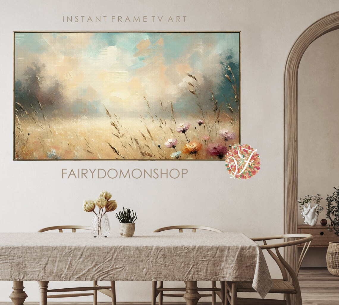 Golden Grass Field Turquoise Sky Wildflowers Oil Painting Poster - Image 2