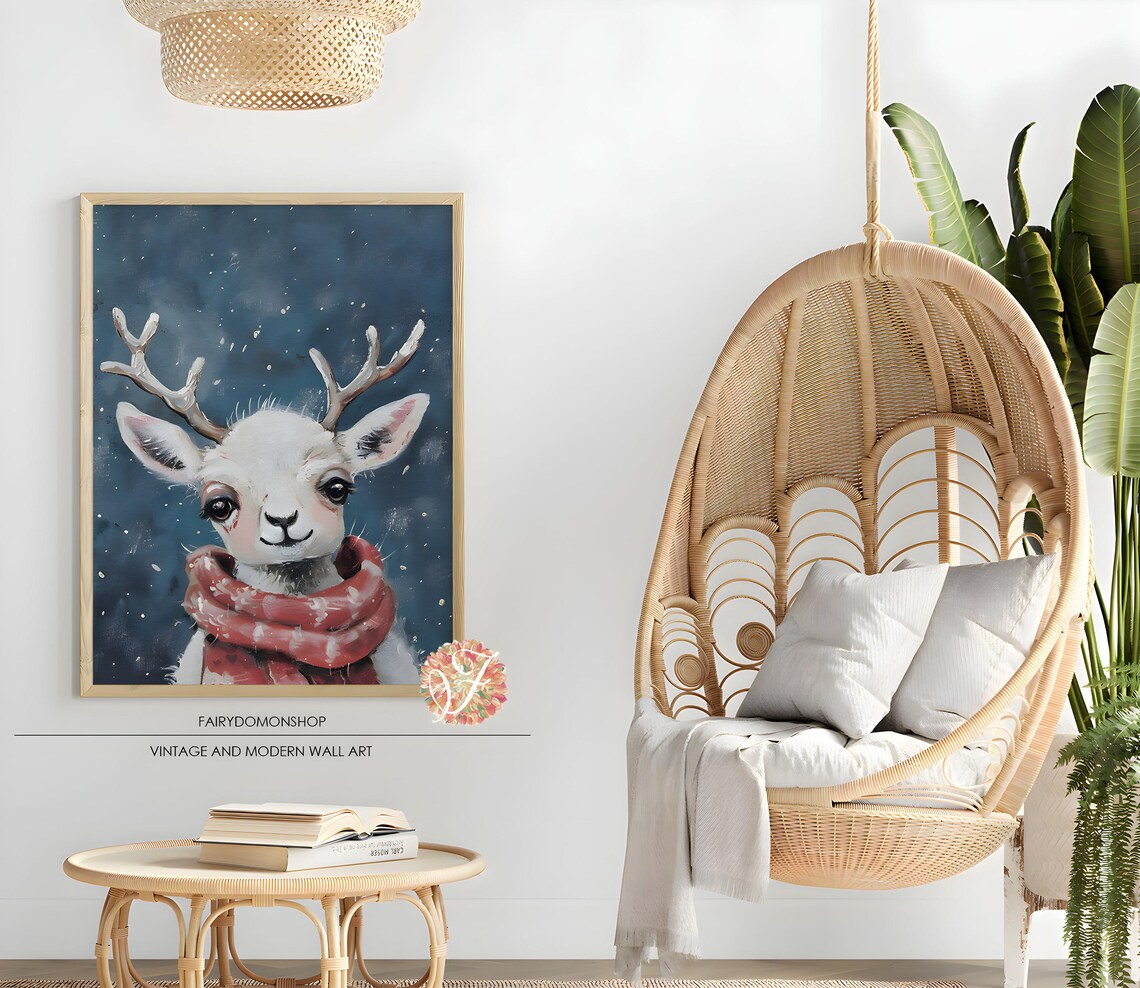 Baby Deer Red Scarf Poster Sweet Snowy Night Woodland Fawn Decor Art - Image 2