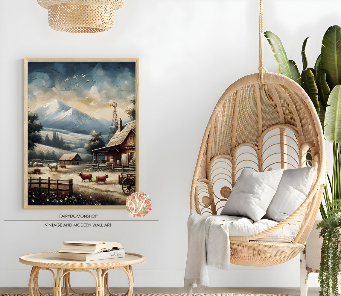 Mountain Farm Scene Windmill Cattle Rustic Landscape Painting Poster - Image 2