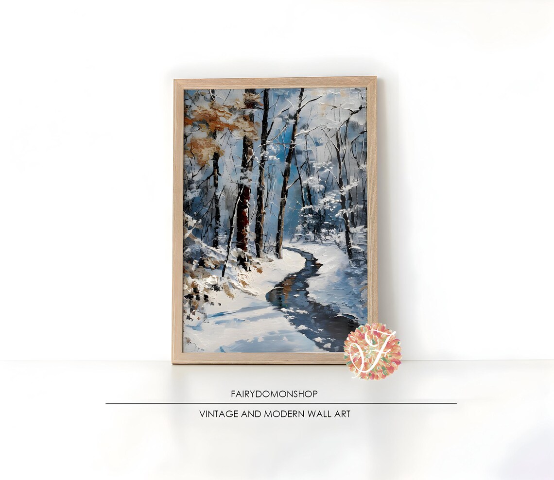 Winter Forest Path Stream Poster Impasto Snowy Woodland Painting Decor