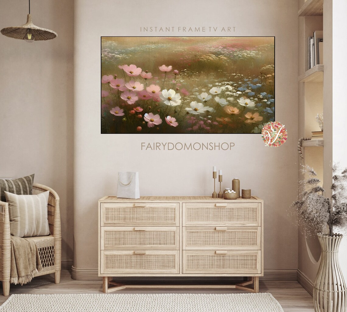 Pink Cosmos Flower Field Wide Golden Meadow Oil Painting Poster - Image 3