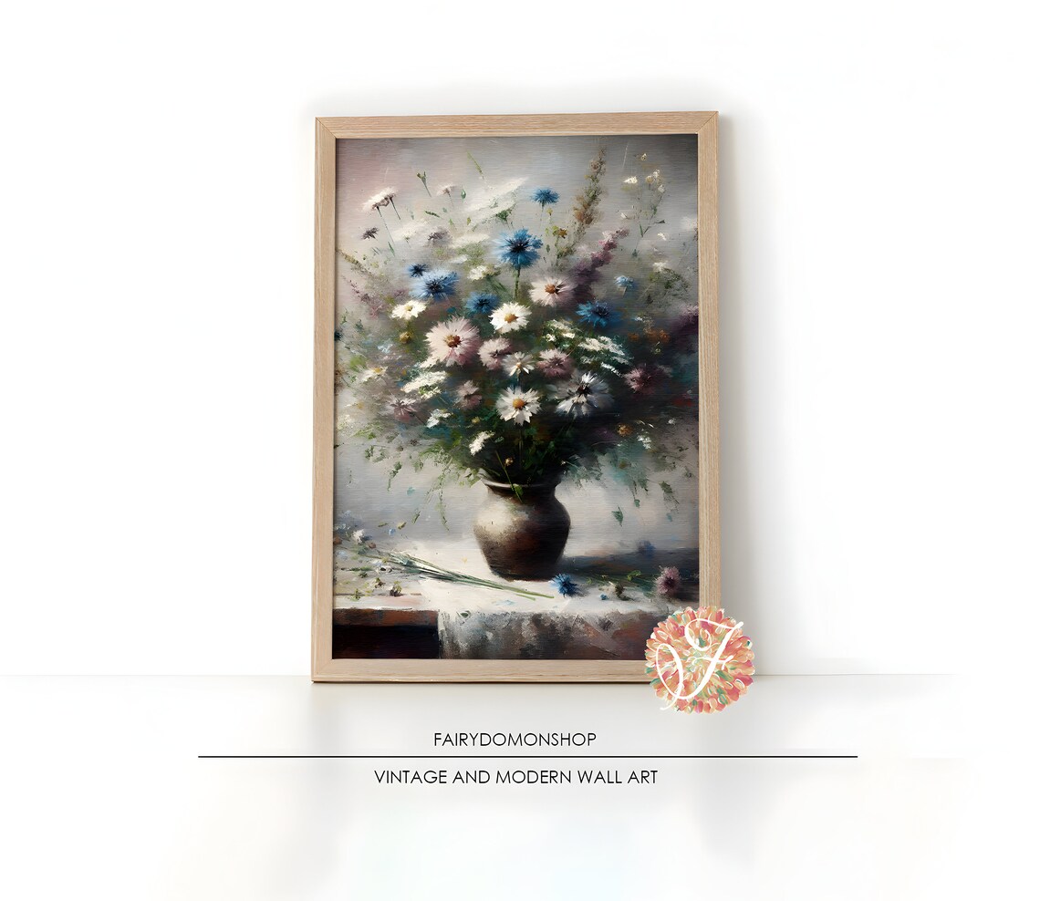 Vintage Wildflower Bouquet Rustic Vase Still Life Painting Poster