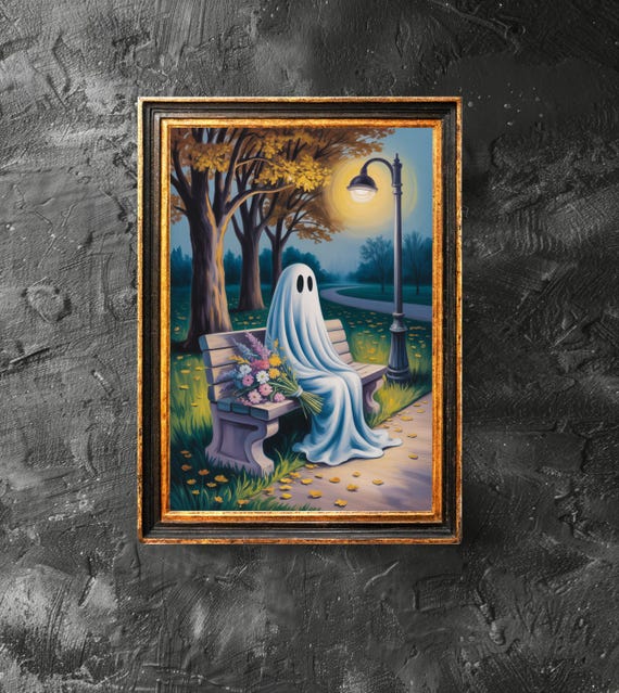 With Flowers On The Bench Poster Spooky Wall Art Vintage Painting Halloween
