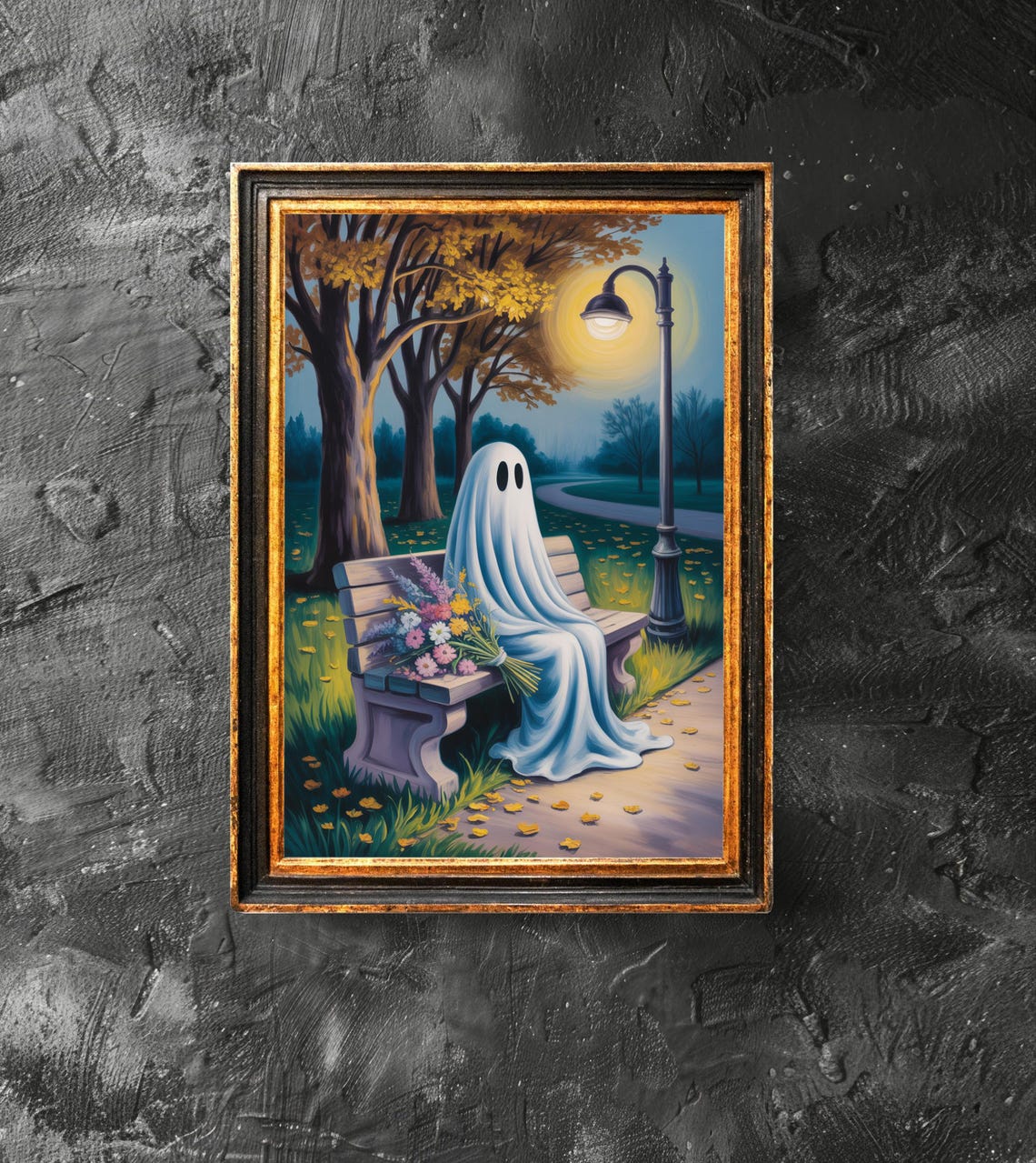 With Flowers On The Bench Poster Spooky Wall Art Vintage Painting Halloween