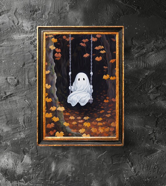 On The Swing Cute Poster Autumn Landscape Wall Art Spooky Home Decor Halloween Vintage
