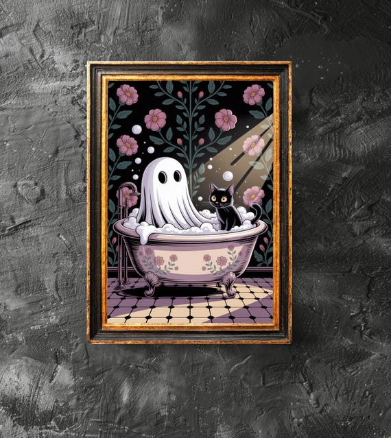 Cat In Bathtub Poster Spooky Bubblebath Art Retro Halloween Print Bathroom Decor
