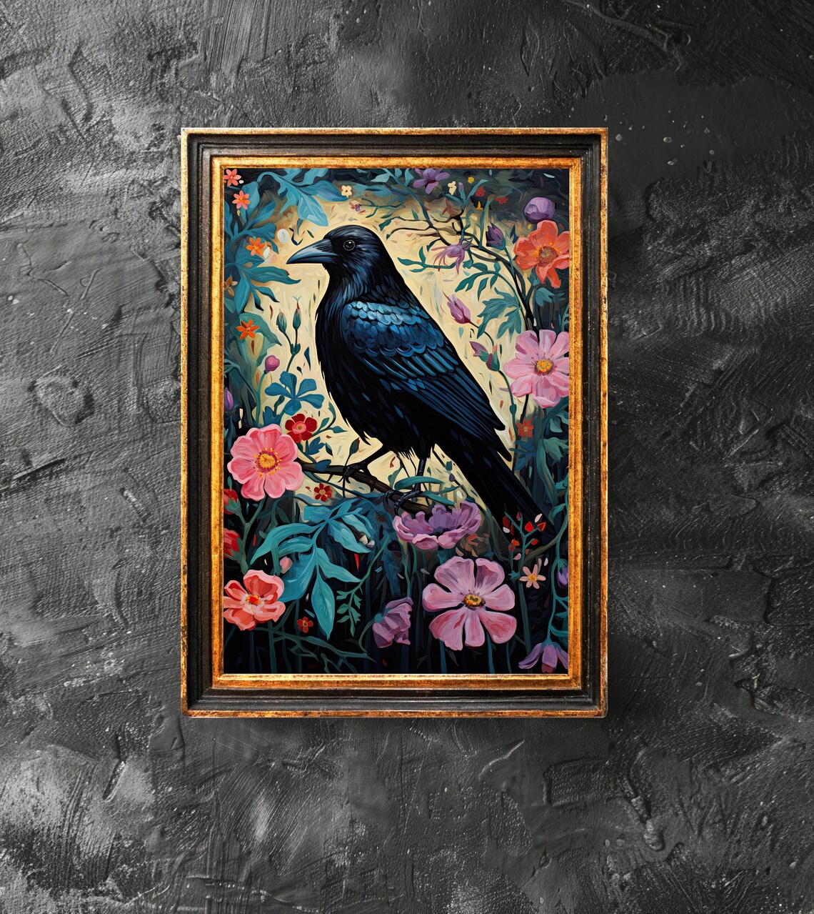 Black Crow With Colorful Flowers Gothic Victorian Art Poster