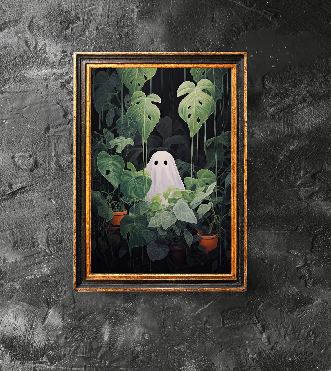 Cute Ghost in Houseplants Halloween Art Dark Botanical Poster