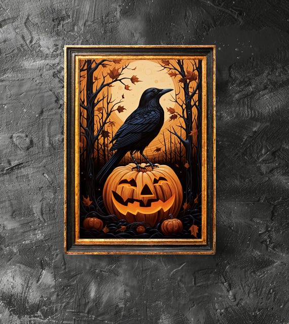 Black Crow On A Jack O Lantern Art Lover Gift Gothic Victorian Autumn Halloween Decor