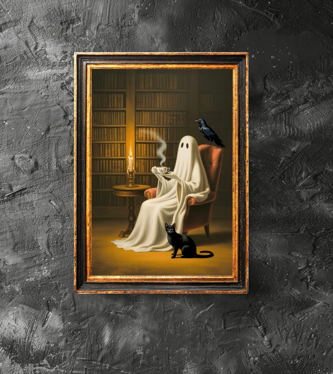 Drinking Coffee In Library Poster Black Cat And Crow Wall Art Halloween Decor