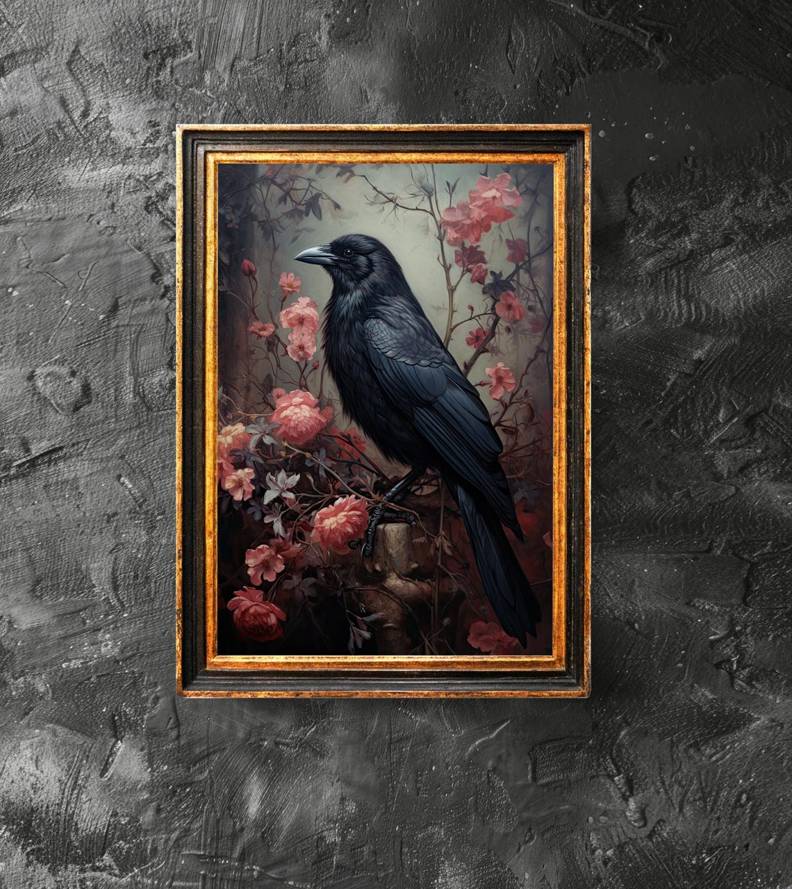 Black Crow Among Pink Blossoms Gothic Victorian Floral Poster