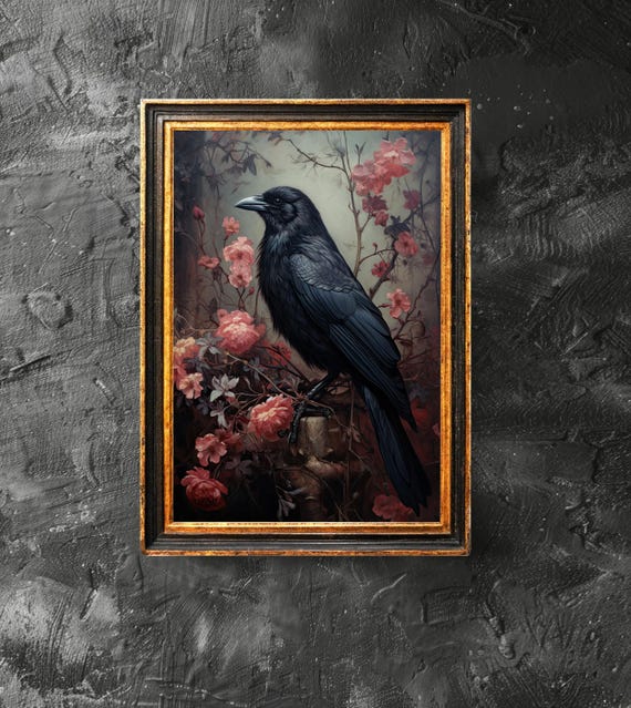 Black Crow With Flowers Art Lover Gift Gothic Victorian Dark Academia Vintage Poster