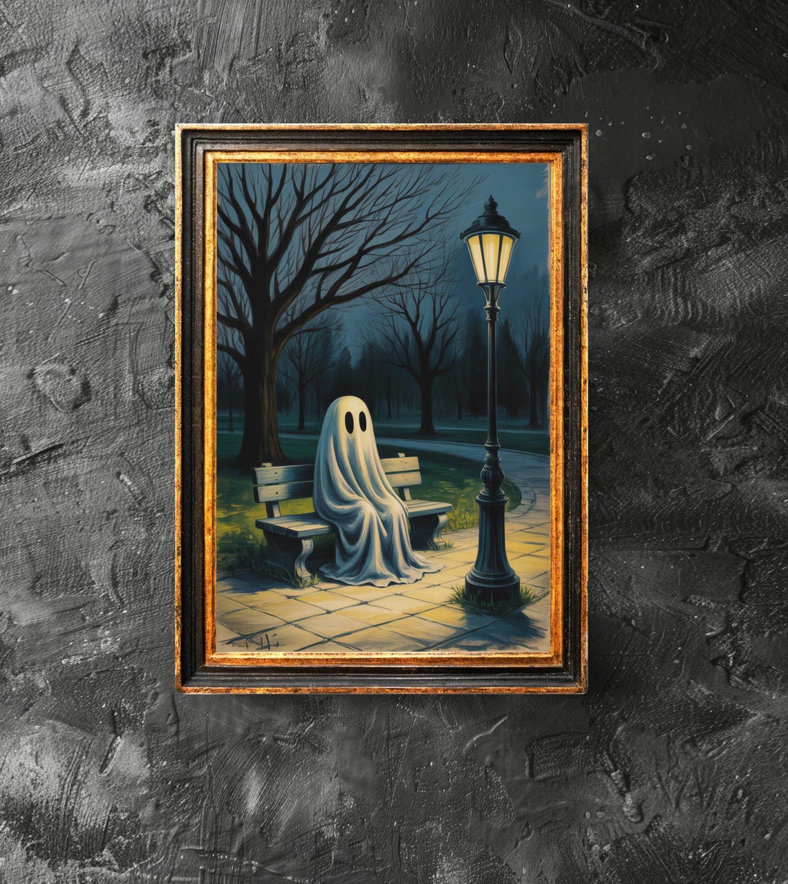 Is Sitting On The Bench Poster Spooky Wall Art Vintage Painting Halloween