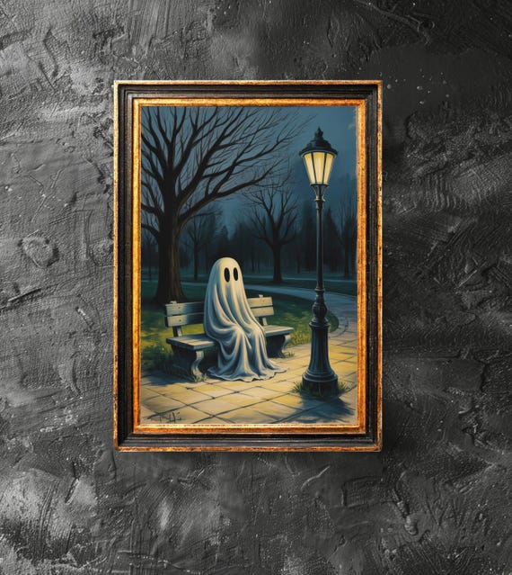 Is Sitting On The Bench Poster Spooky Wall Art Vintage Painting Halloween