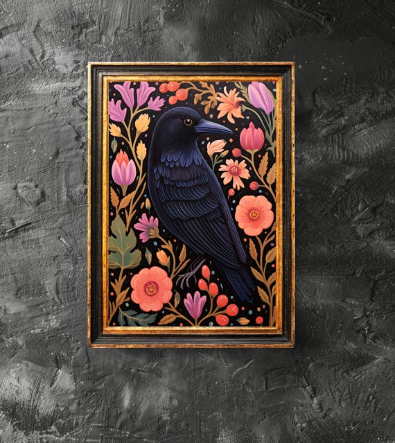 Black Crow With Flowers Art Lover Gift Gothic Victorian Dark Academia Vintage Poster