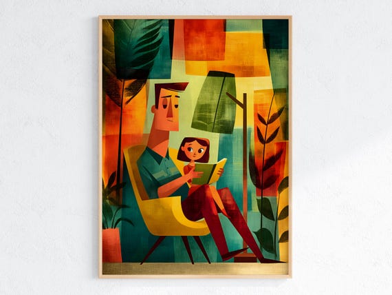 Father Daughter Reading In Chair, Mid-Century