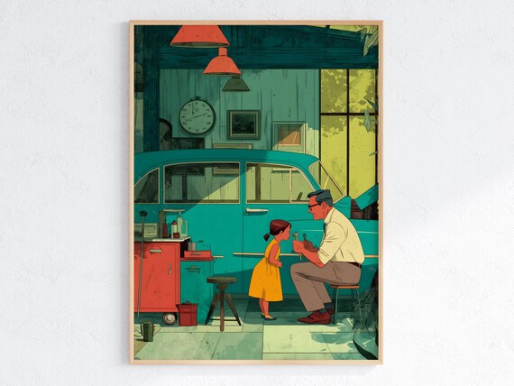 Father And Daughter In Retro Workshop, Vintage Garage Decor