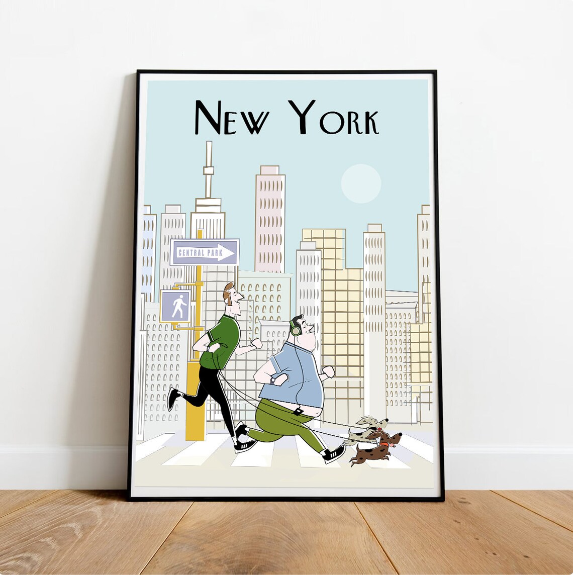 New York Central Park Dog Running Cartoon Funny Illustration Poster