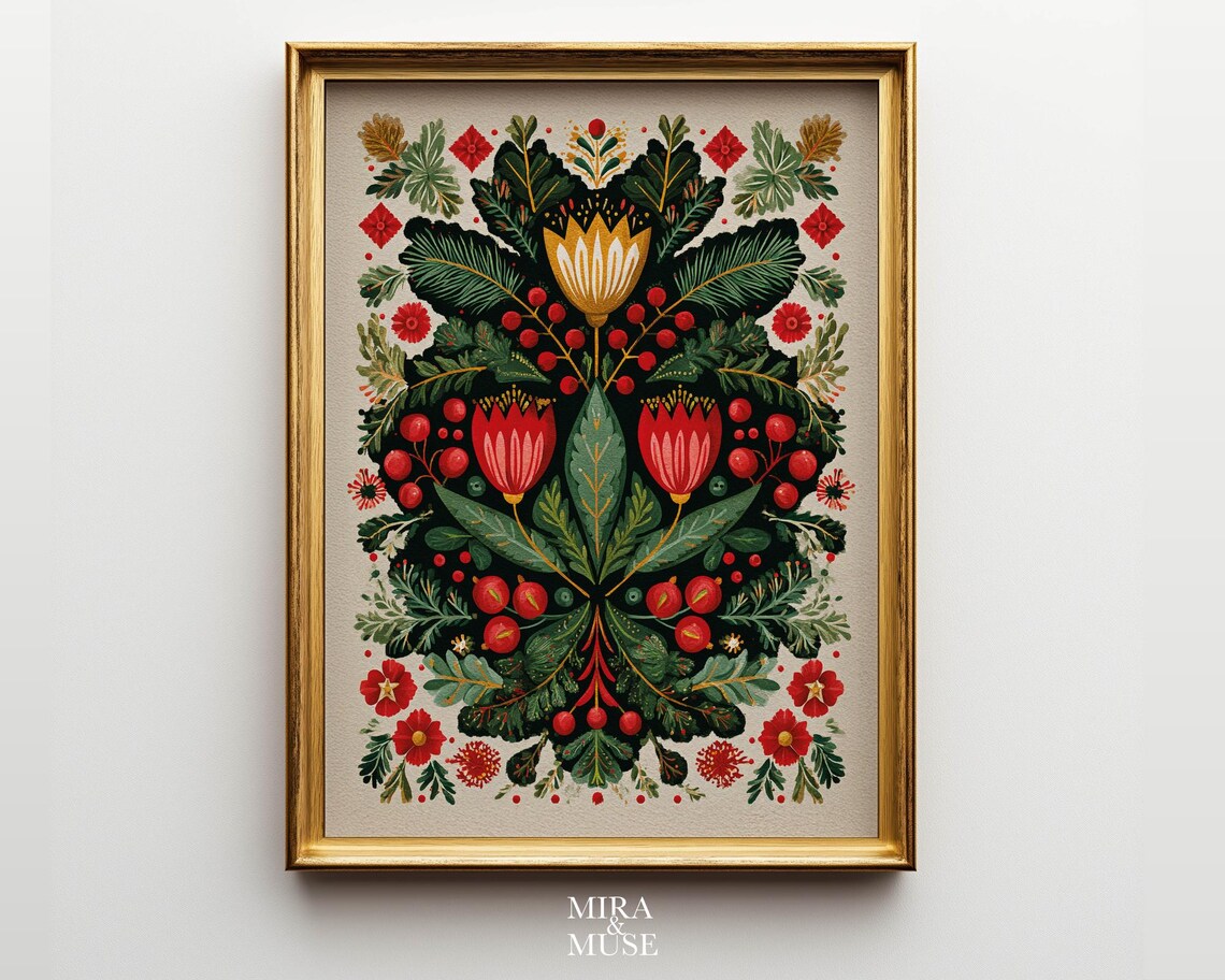 Holiday Folk Floral Poster, Boho Nature Art Print