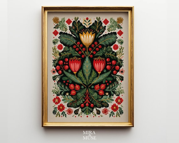 Holiday Folk Floral Poster, Boho Nature Art Print