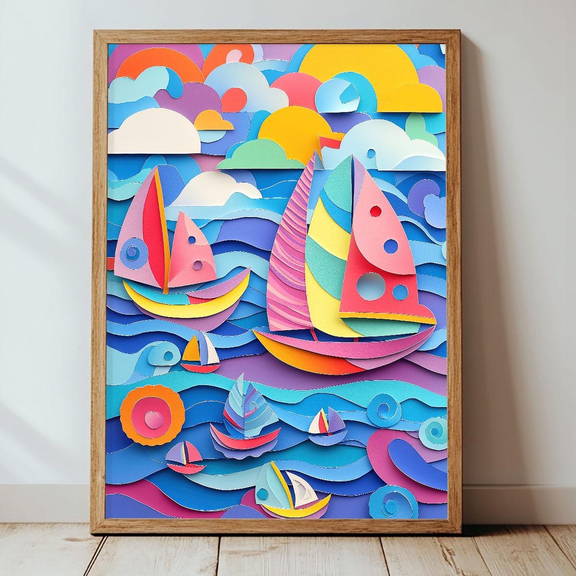 Playful Paper Cut Sailboats Layered Ocean Kids Room Wall Art