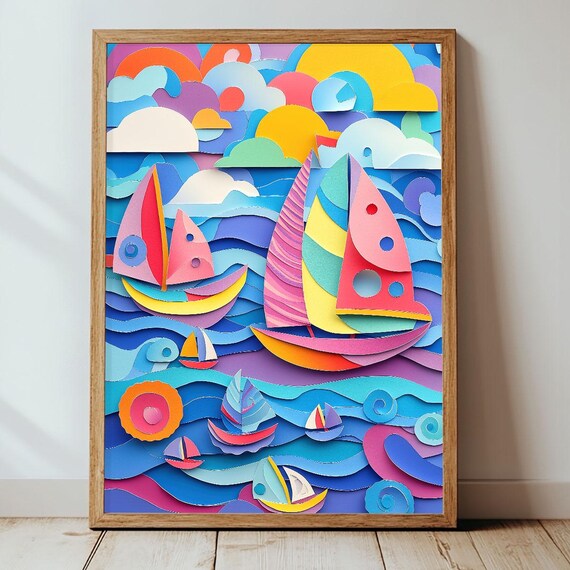 Playful Paper Cut Sailboats Layered Ocean Kids Room Wall Art