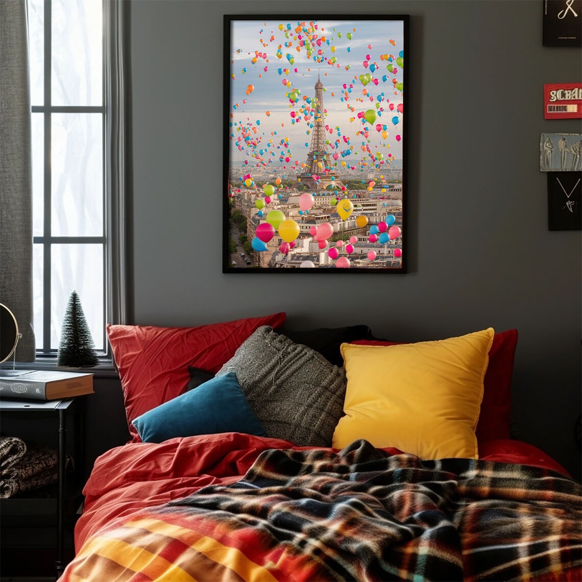 Eiffel Tower Paris Hundreds Of Colorful Balloons Sky Photo Poster - Image 4