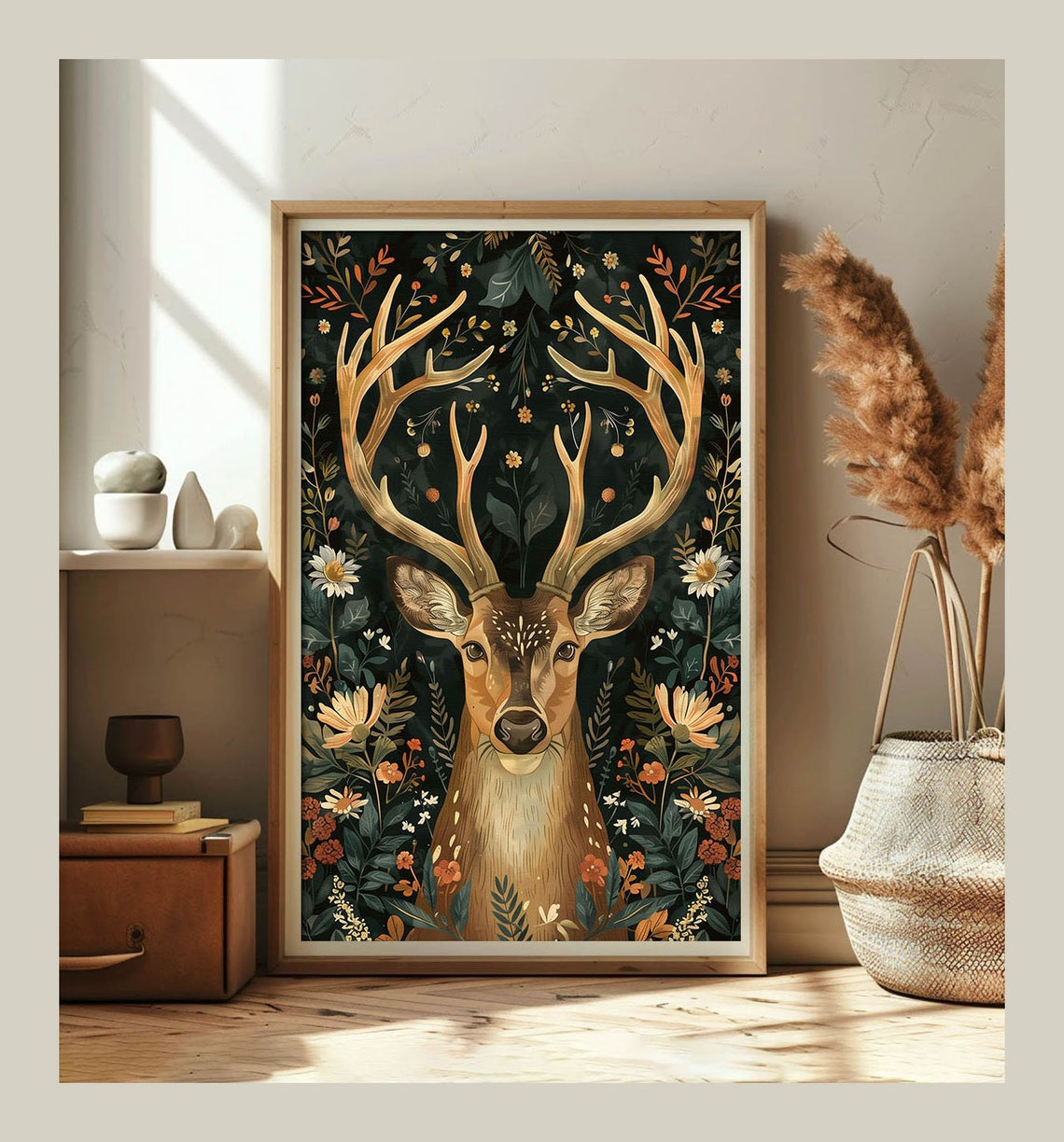 Deer With Large Antlers Dark Botanical Floral Woodland Poster