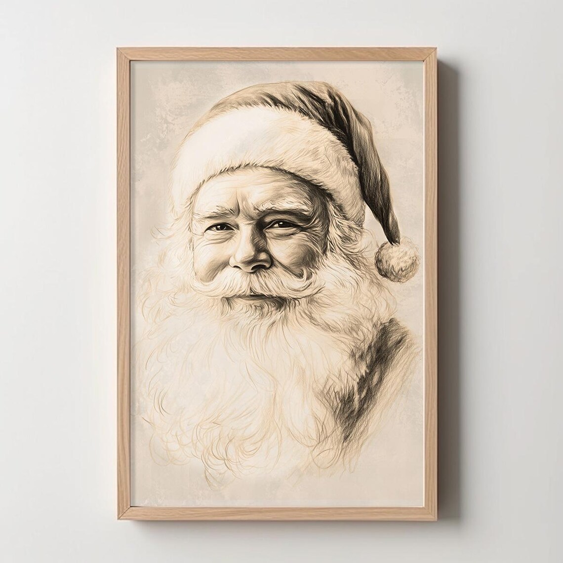 Vintage Santa Claus Portrait Pencil Sketch Sepia Christmas Art Poster