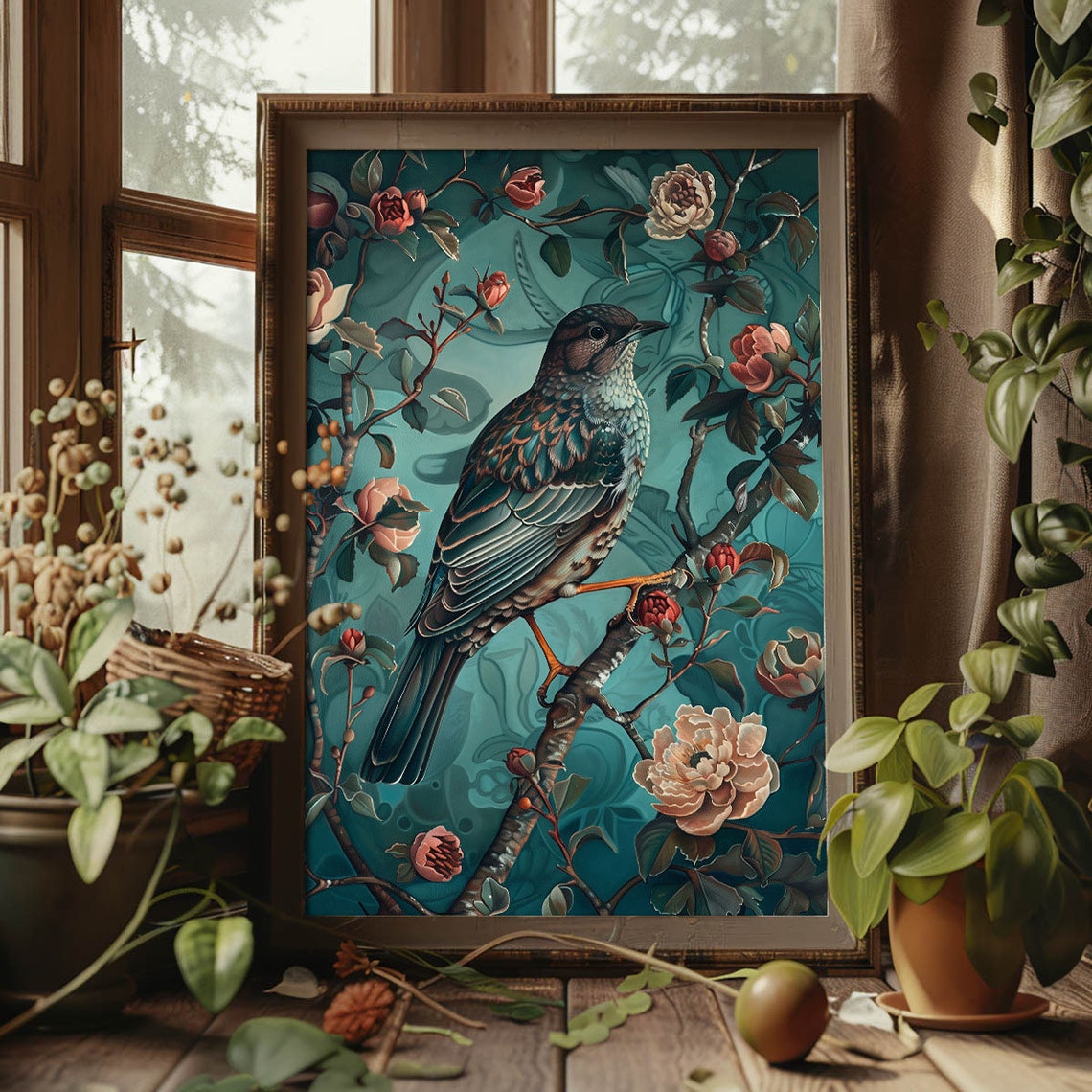 Bird Picture Art Print With Turquoise Color Poster Of Paintings For Bird Lovers Picture To Frame Wall Art For Living Room Bedroom - Image 3