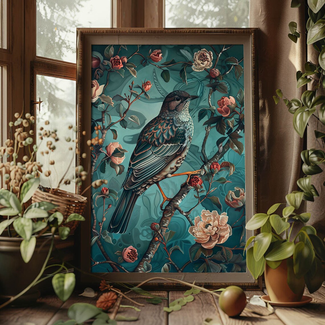 Turquoise Songbird Among Roses Vintage Style Floral Bird Art Poster - Image 3
