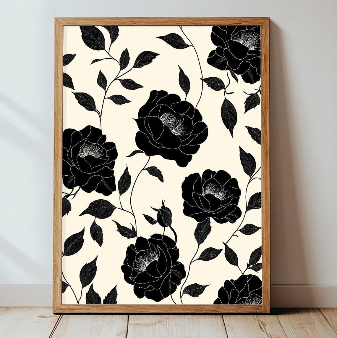 Modern Black Floral Pattern on Cream Elegant Botanical Wall Art