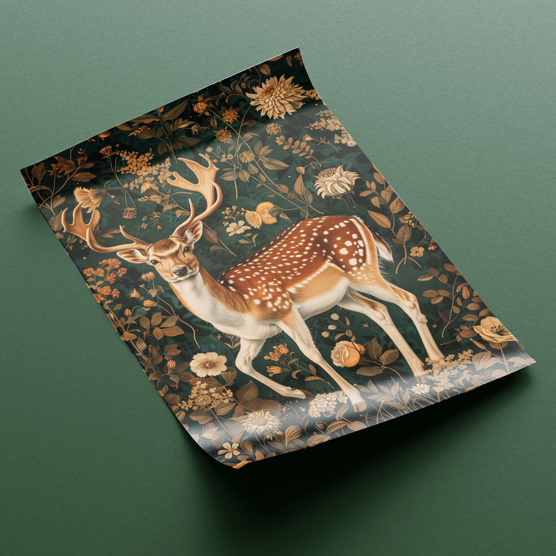 Golden Spotted Deer Stag In Enchanted Floral Forest Elegant Art Poster - Image 2