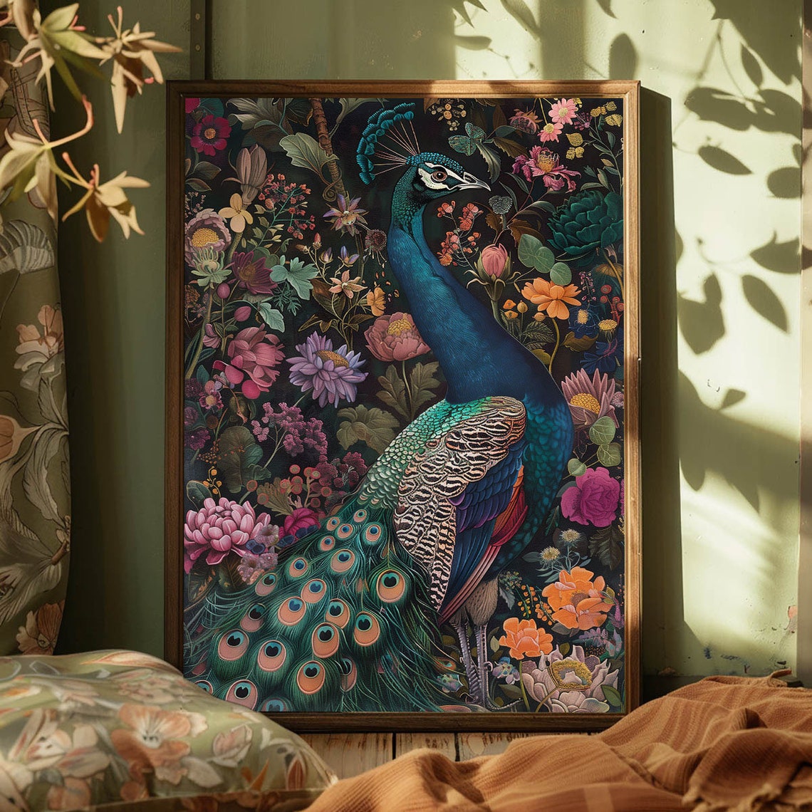 Colorful Peacock Among Flowers Dark Botanical Garden Night Art Poster - Image 4
