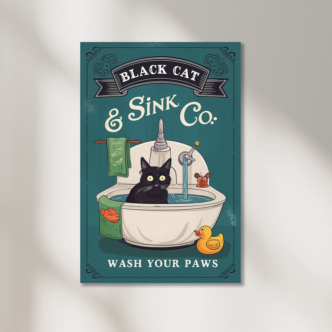 Black Cat And Sink Co Wash Your Paws Funny Vintage Bathroom Poster