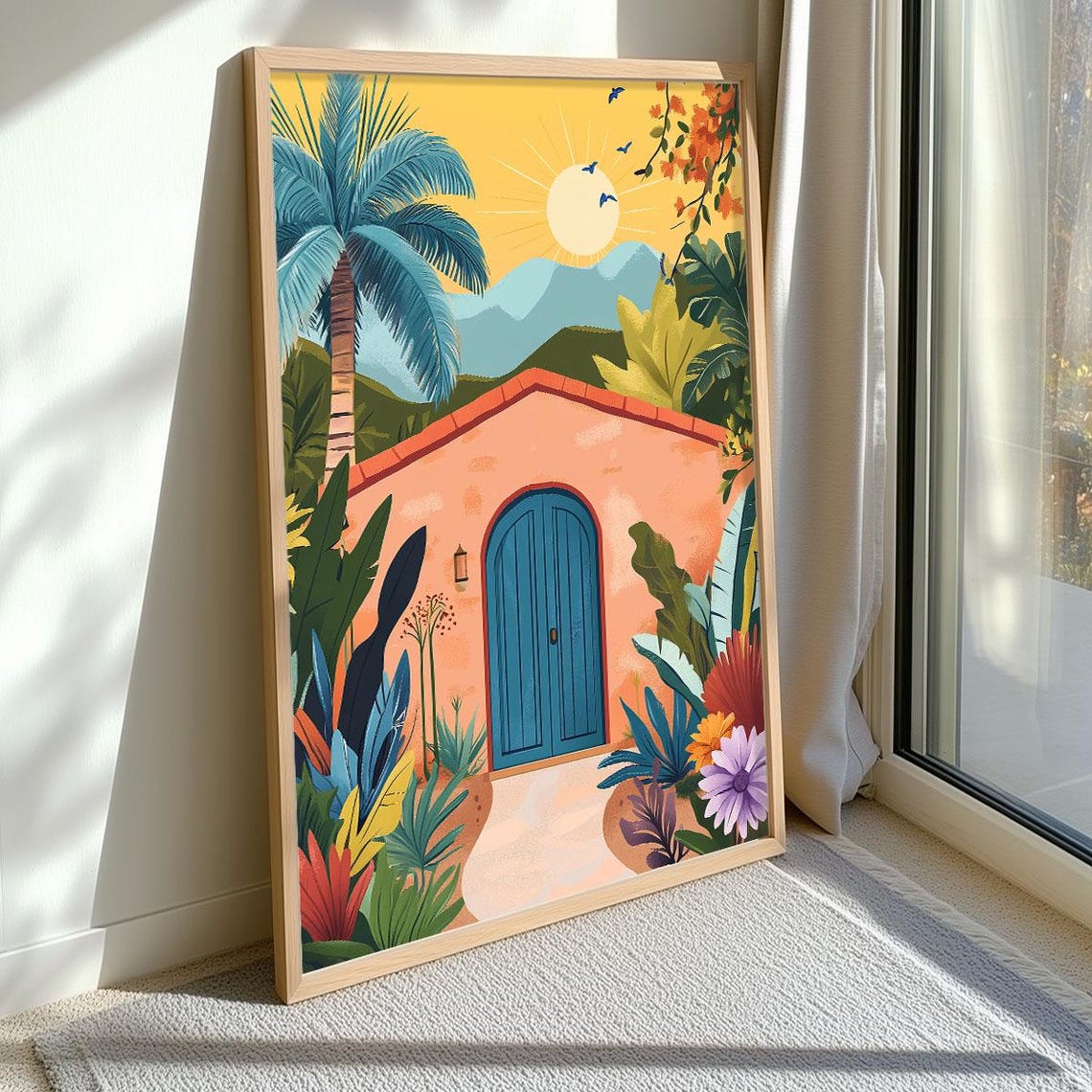 Tropical Villa With Blue Door Palm Trees Sunny Courtyard Scene Poster - Image 3