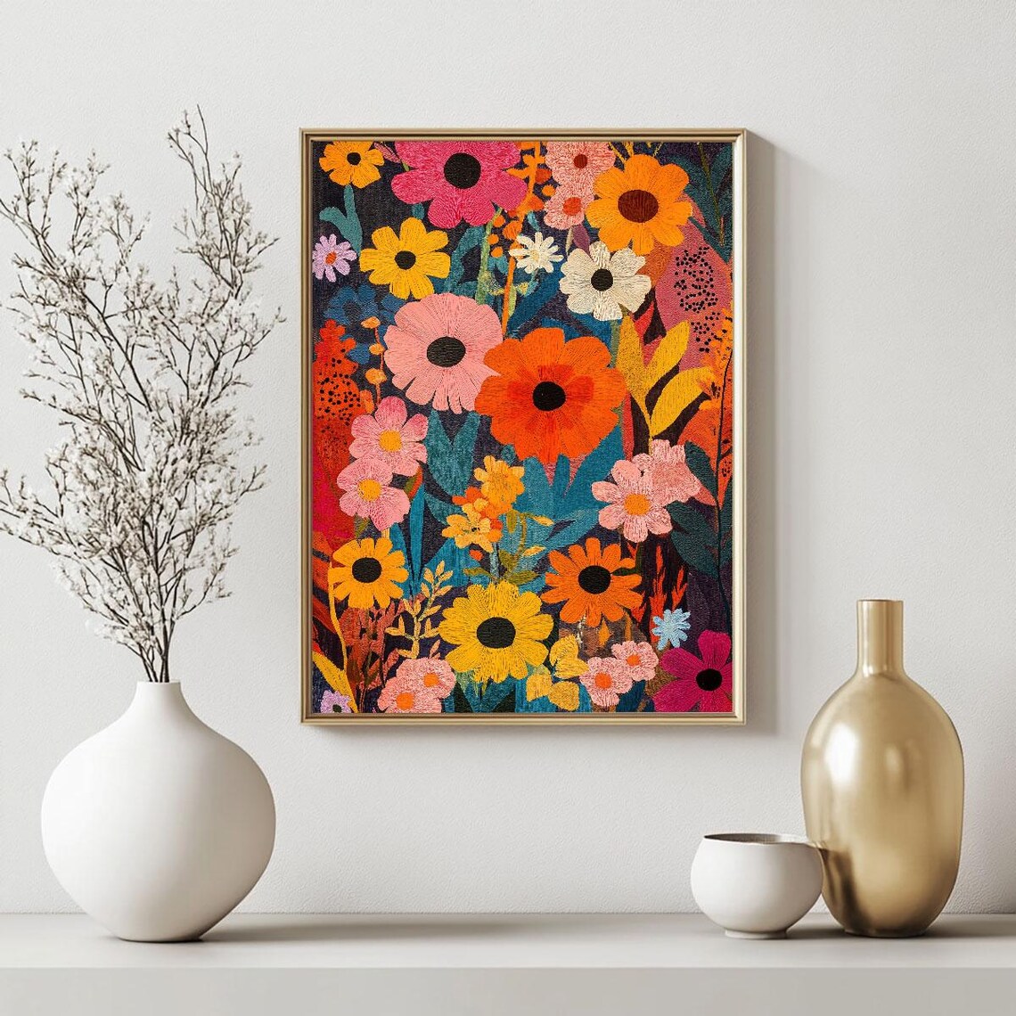 Colorful Wildflower Meadow Folk Art Style Vibrant Floral Garden Poster - Image 2