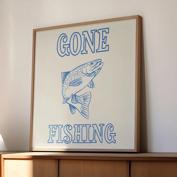 Gone Fishing Leaping Trout Line Art Blue Retro Fisherman Poster