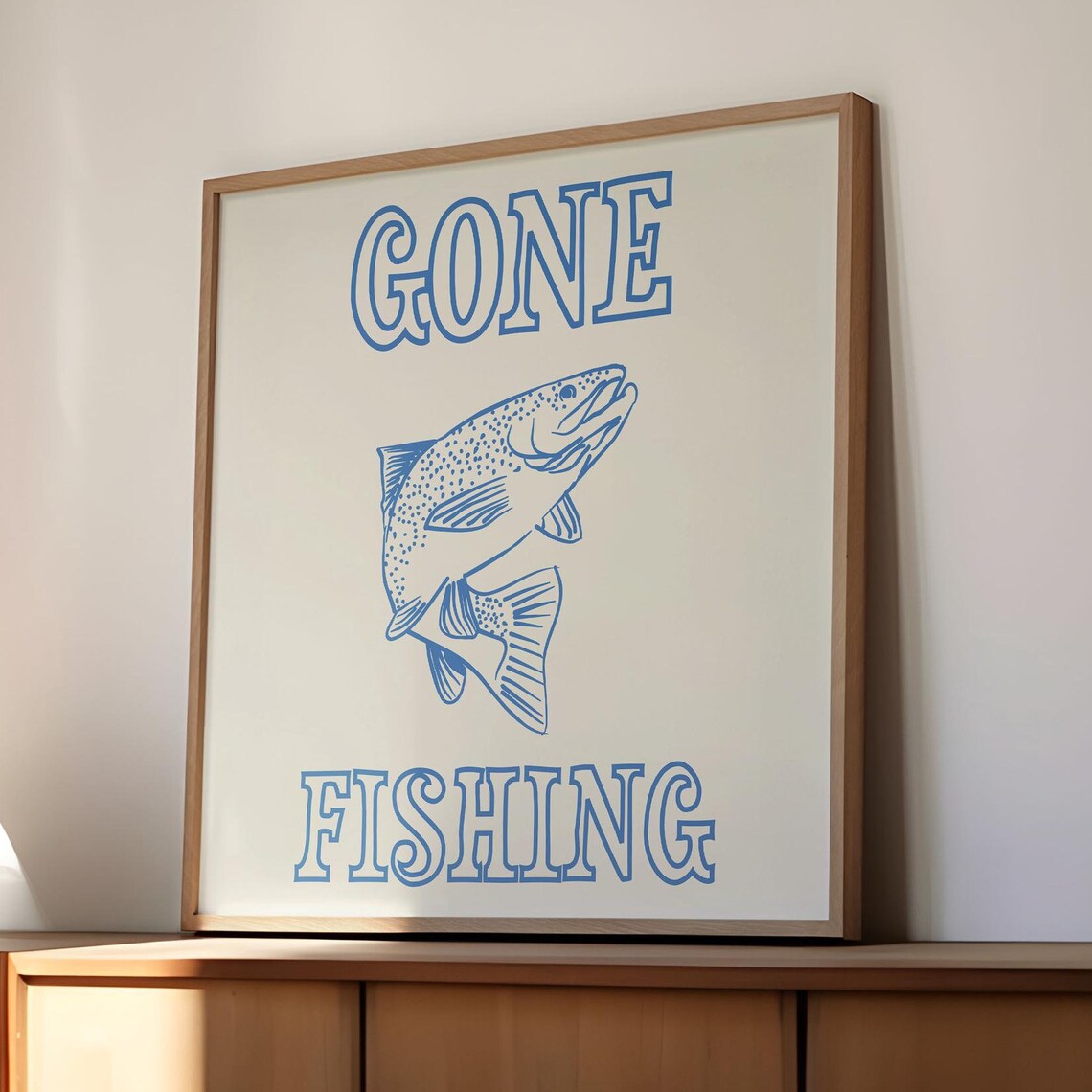Gone Fishing Leaping Trout Line Art Blue Retro Fisherman Poster